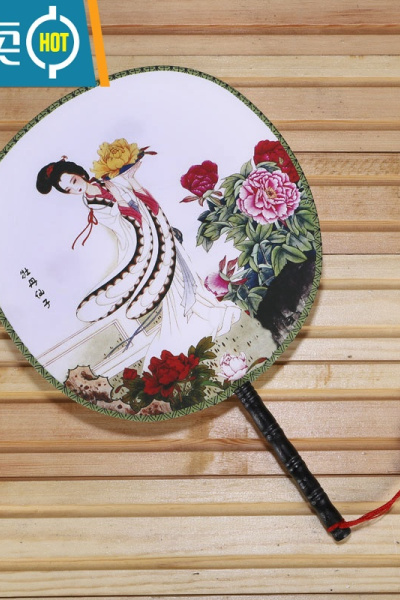 XIANCAI双面团扇古风长柄流苏扇子婚礼汉服diy圆扇古典舞蹈旗袍走秀表演 牡丹仙子花朵