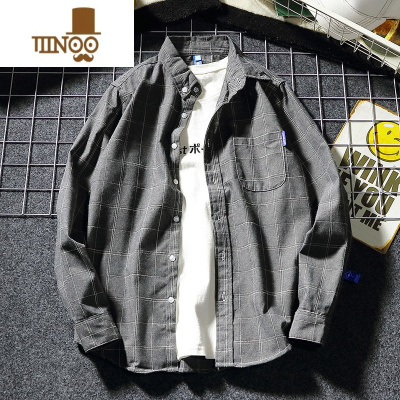 YANXU日系潮牌青少年学生长袖港风ins潮流原宿韩版男士休闲格子衬衫男