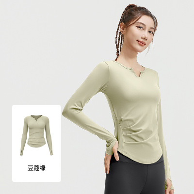 V领长袖裸感瑜伽服褶皱收腰显瘦紧身运动健身上衣