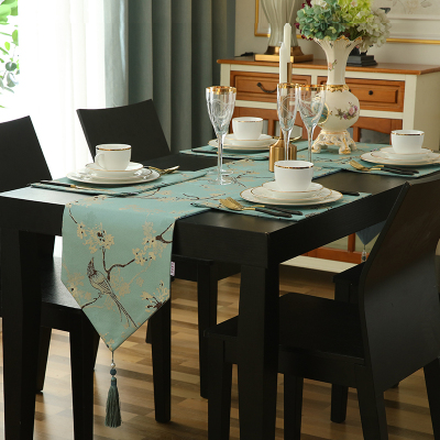 家柏饰(CORATED)欧式桌旗餐垫套装餐桌垫隔热垫西餐盘垫布餐边柜装饰布新中式 鸟语花香-蓝 套餐 一桌旗四餐垫