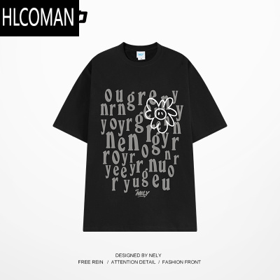 HLCOMAN美式复古涂鸦高街短袖潮牌复古男女t恤宽松嘻哈上衣街头风夏季ins