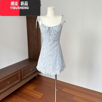 YIBUSHENG[海盐甜心]吊带连衣裙修身显瘦木耳边甜美碎花短裙