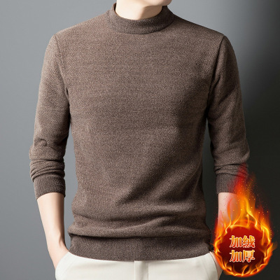 冬季男士加绒毛衣中年男式加厚T恤上衣圆领保暖针织衫长袖爸爸装