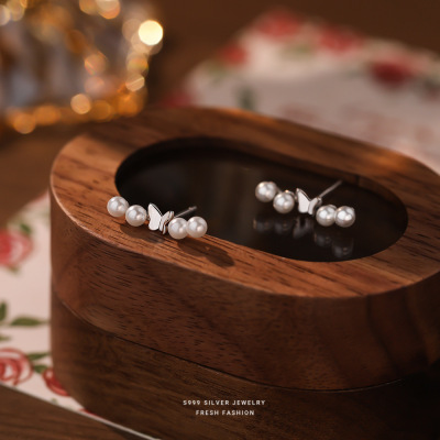 蝴蝶圆珠耳钉女s999纯银简约小众优雅足银耳饰百搭时尚气质首饰送女朋友老婆情人节七夕生日礼物