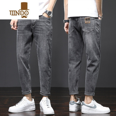 YANXU牛仔裤男款冬季潮牌宽松直筒加绒裤子男士款休闲弹力九分长裤