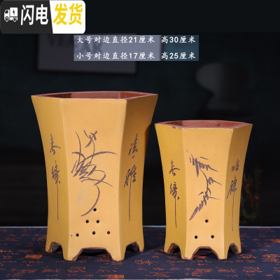 三维工匠紫砂花盆经济实惠六方四方君子兰花盆景盆室内花卉盆栽陶瓷花盆 六方黄一套 注意图片尺寸花盆容器