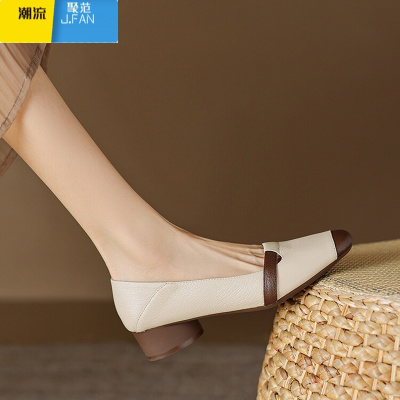 聚范香港皮单鞋女中跟2024新款方头粗跟复古拼色软底女鞋