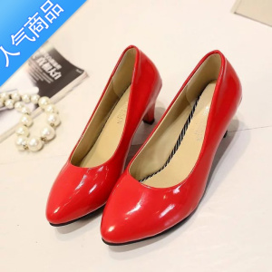 SUNTEK春夏季新款尖头单鞋高跟鞋中跟浅口漆皮细跟女鞋工作鞋红色婚鞋女