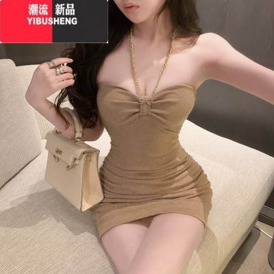 YIBUSHENG名媛挂脖吊带连衣裙女纯欲性感抹胸包臀小妈裙显身材内搭裙子