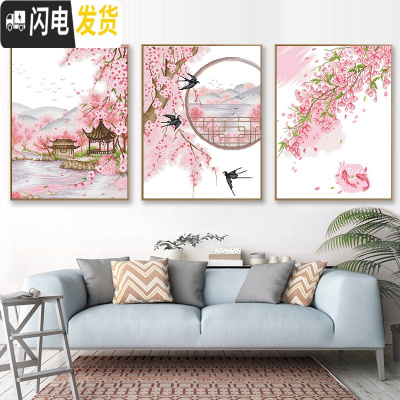 三维工匠十字绣线绣小幅客厅十里桃花小件2019新款简约现代自己绣 生态棉3股[单件6500十里桃花1]尺寸50*63厘米