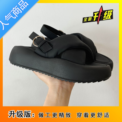 SUNTEK一字厚底凉鞋女外穿2023年新款夏季时尚百搭平底配裙子沙滩罗马鞋