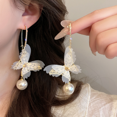 夸张珍珠蝴蝶耳坠女新中式国风耳环适合方圆脸的耳饰2024新款送女朋友老婆情人节七夕生日礼物