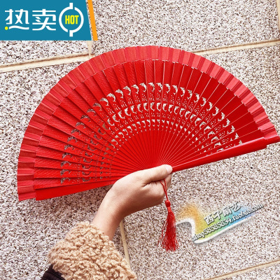 XIANCAI舞蹈扇红扇子实木扇骨开合顺溜双面扇旗袍舞台走秀表演折扇 双面镂空海豚纯红色