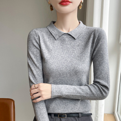 秋冬长袖针织衫女 娃娃领套头打底衫 新款翻领内搭修身毛衣女