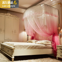 1新款U型导轨道蚊帐三开落地公主1.5m1.8米2床双人伸缩家用加密 三维工匠