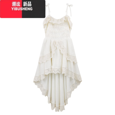 YIBUSHENG纯欲风气质白色吊带连衣裙女装季蕾丝拼接裙子不规则收腰中长裙