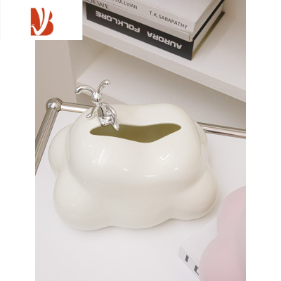 三维工匠ins纸巾盒客厅简约云朵球创意茶几收纳摆件装饰品家用抽纸盒 奶油色云朵纸巾盒+银兔
