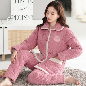 三层夹棉女士睡衣冬季加厚加绒牛奶绒开衫翻领保暖大码家居服套装