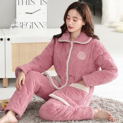 三层夹棉女士睡衣冬季加厚加绒牛奶绒开衫翻领保暖大码家居服套装