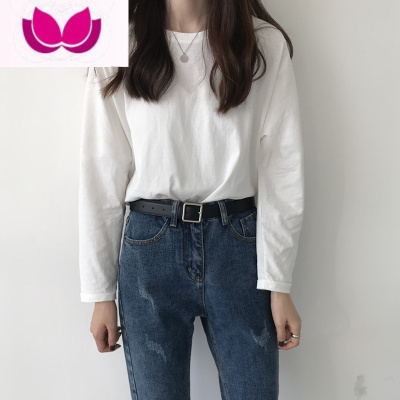 七斓白色长袖t恤女宽松加绒加厚秋衣内搭打底衫圆领上衣ins风