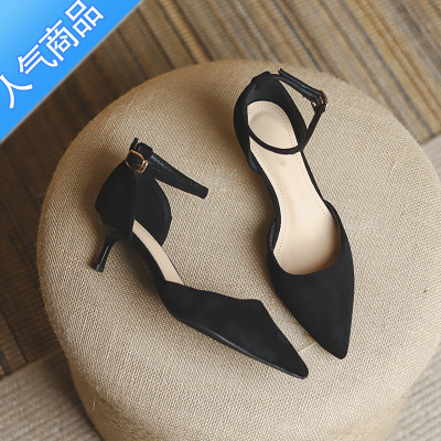 SUNTEK包头细跟凉鞋女5cm2023年春夏新款百搭甜美高跟鞋尖头浅口一字带