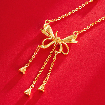 仿黄金结婚新娘首饰连体新中式镀沙金蝴蝶结流苏婚庆项链女久不掉送女朋友老婆情人节七夕生日礼物