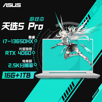 华硕天选5 Pro 14核酷睿i7 16英寸电竞游戏本 笔记本电脑(i7-13650HX 16G 1T RTX4060 16:10 2.5K 165Hz高色域)青