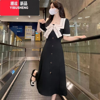 YIBUSHENG大码赫本风方领蝴蝶结连衣裙女季黑色复古裙子胖mm遮肉显瘦长裙
