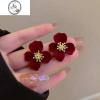 JiMi925银针丝绒花朵耳环高级感轻奢耳钉气质高级大气秋冬红色耳饰女