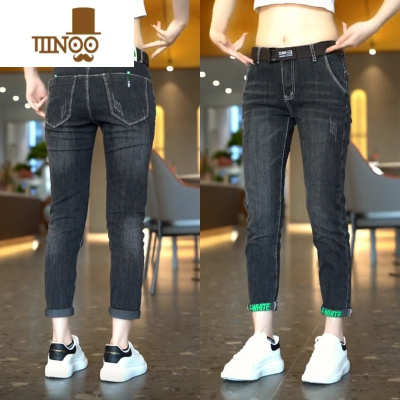 YANXU夏季修身小脚牛仔裤男款潮牌水洗印花休闲裤子男士时尚百搭九分裤