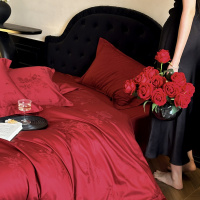 尊贵优雅100s长绒棉四件套玫瑰提花浪漫被套全棉红色接亲床品