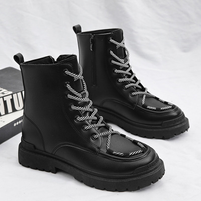 新款时尚百搭男靴潮搭个叉绑带厚底马丁靴休闲工作潮鞋