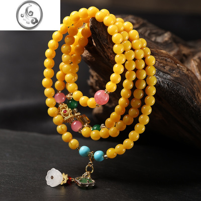 JiMi新款鸡油黄108颗佛珠念珠 蜜蜡手串女满蜜老蜜琥珀手链玉石多圈