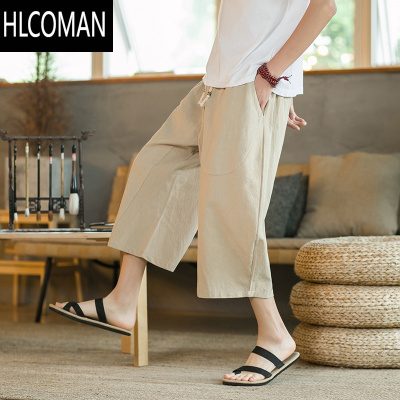 HLCOMAN棉麻宽松大码男士亚麻七分裤中国风夏季装潮牌薄款哈伦休闲短裤子