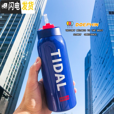 三维工匠美式sport户外运动不锈钢保温杯男女学生情侣便携简约大人吸管杯 大号350蓝色英文保温杯