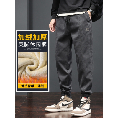 潮牌加厚男青年卫裤秋冬款加绒宽松哈伦裤男士运动工装休闲裤男款