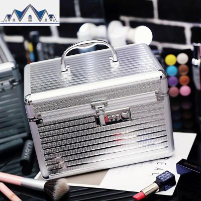 专业韩国密码锁铝合金手提化妆箱双层大容量便携收纳盒带锁化妆包 三维工匠收纳包