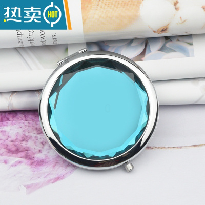 敬平ins手持双面小镜子女随身携带折叠化妆镜翻盖式学生宿舍小号便携便携式用镜 水晶海蓝色镜子[破损包赔]