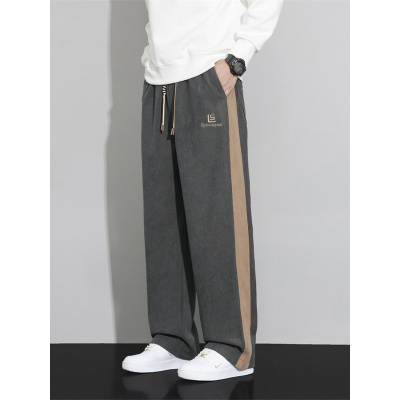 灯芯绒高端男士裤子秋冬季新款宽松直筒刺绣阔腿潮牌拼色休闲裤男