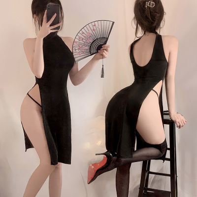 霏慕旗袍制服环颈高开叉美裙战袍女式情趣睡衣女士性感情趣内衣制服午夜魅力床上套装7873