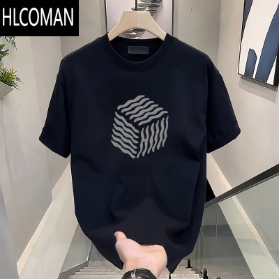 HLCOMAN夏季新款魔方印花短袖T恤男士简约美式潮流宽松百搭圆领上衣