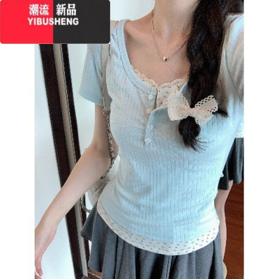 YIBUSHENGbaby蓝纯欲碎花短袖t恤女季修身显瘦小清新辣妹叠穿打底衫上衣
