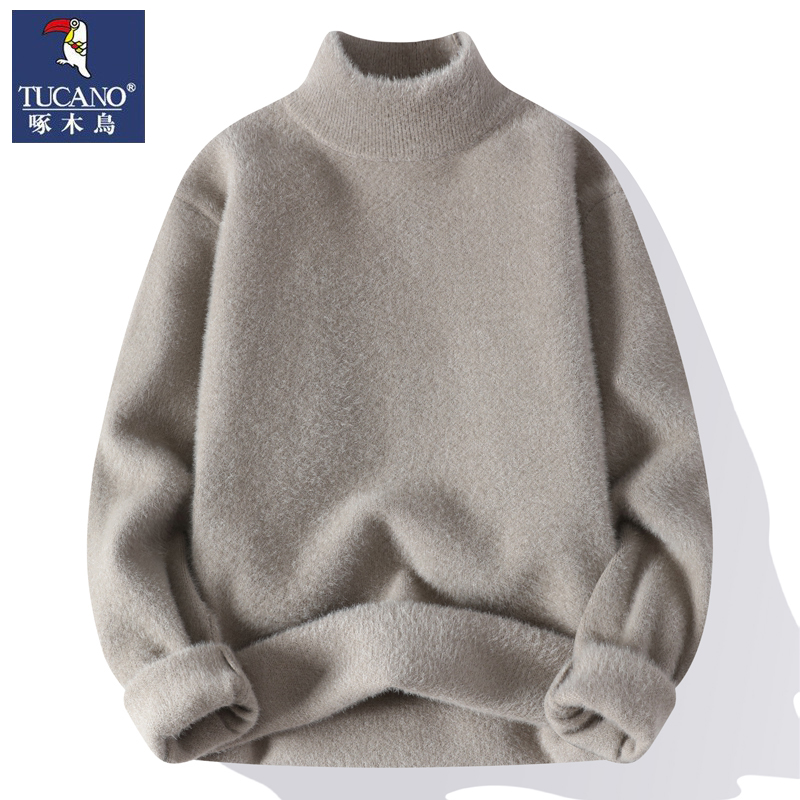 啄木鸟半高领毛衣男冬季纯色保暖水貂绒针织衫秋冬男士加厚打底衫
