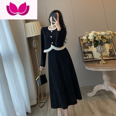 七斓小香风套装女春季新款法式复古赫本风黑色连衣裙气质显瘦长裙