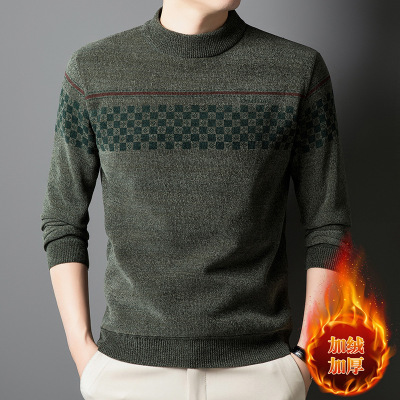 男式加绒上衣中年男士加厚打底衫圆领一体绒毛衣雪貂针织衫男装