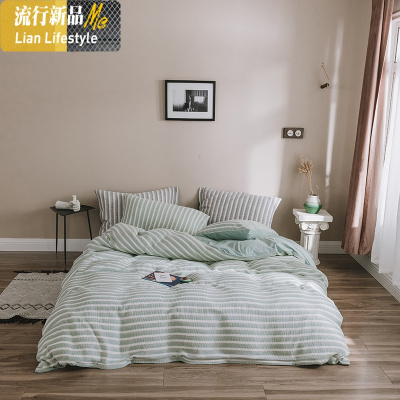 棉四件套被套 简约条纹针织棉床笠棉天竺棉床品 三维工匠