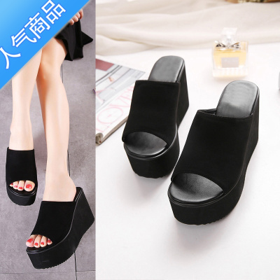 SUNTEK10M坡跟超高跟防水台松糕厚底黑色皮面鱼嘴凉鞋内增高时尚女拖鞋