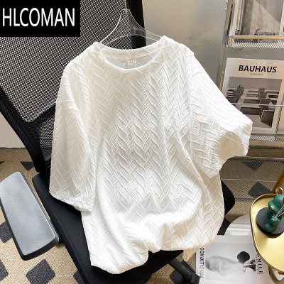 HLCOMAN夏季薄款冰丝短袖T恤男圆领潮牌百搭纯色提花日系痞帅青少年体恤