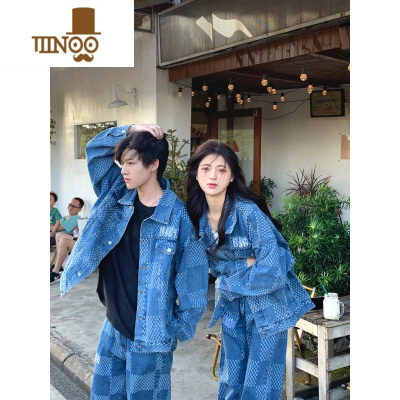 YANXU美式复古Vibe风蓝色格子牛仔外套男设计感小众情侣百搭夹克套装潮