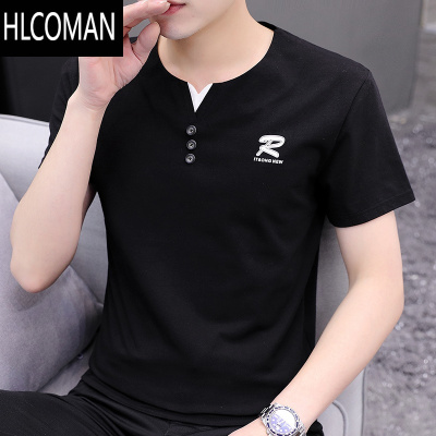 HLCOMAN男装2025新款短袖t恤男上衣服v领简约百搭青年半截袖汗衫体恤